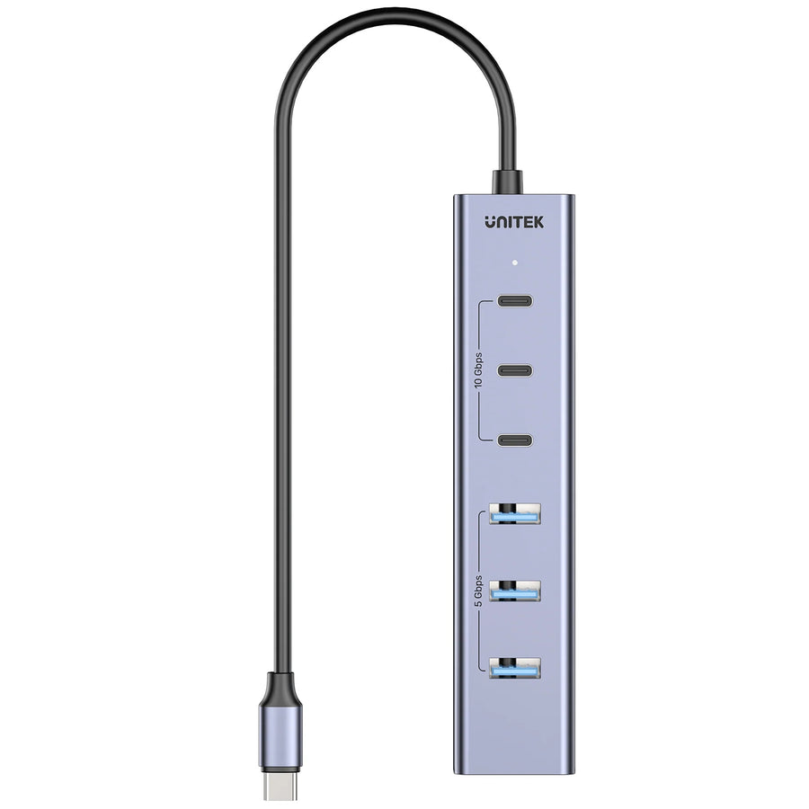 H1335A - UNITEK 7-in-1 Multi-Port Hub with USB-C Connector. Includes 4x USB-A & 3x USB-C Ports. Supports 10Gbps Transfer, Fast Charging, Slim Aluminium Design.