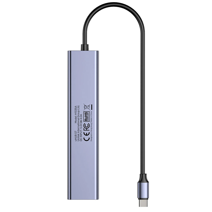 H1335A - UNITEK 7-in-1 Multi-Port Hub with USB-C Connector. Includes 4x USB-A & 3x USB-C Ports. Supports 10Gbps Transfer, Fast Charging, Slim Aluminium Design.