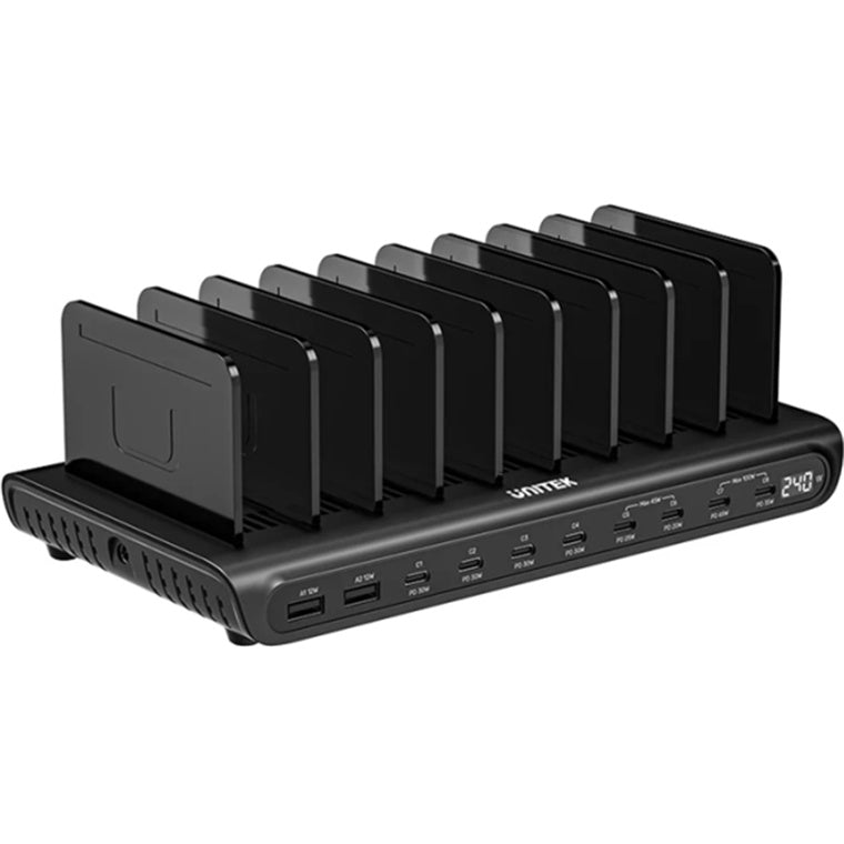Unitek P1230C  uCharge 10-Port 240W Smart Charging Station - Supports 2x USB-A & 8x USB-C Ports for Laptops, Tablets & Mobile Charging - Adjustable Separators - LED Indicator