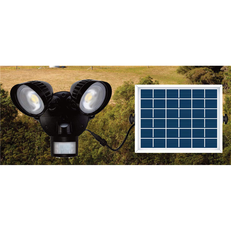 HOUSEWATCH 55-176 - 8W Twin 2x Spotlights w/ Motion Sensor & Solar Panel IP54. Passive IR. 6000mAh