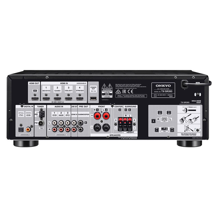 ONKYO TXSR393B - 5.2 Channel AV Receiver 155W P/CH at 6 ohm. DTS-X & Dolby Atmos playback. 4 HDMI