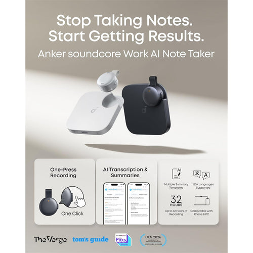 Soundcore Work AI Voice Recorder & Note Taker - Black - Coin-sized AI Wearable - Capture, Transcribe & Share Crystal-Clear Audio - For Meetings, Interviews, Lectures - 150+ Languages- 300mins free/month - For iPhone, Android, PC, Mac & More
