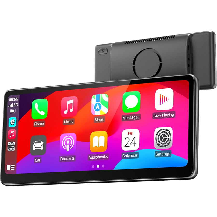 MINIX CP89-HD 8.9 Inch Portable Wireless Carplay and Android Auto HD 60FPS Touchscreen - Buit-in 1W Speaker, FM Transmitter, 3.5mm AUX output and Dual Bluetooth Connection - Magnetic Mount Included
