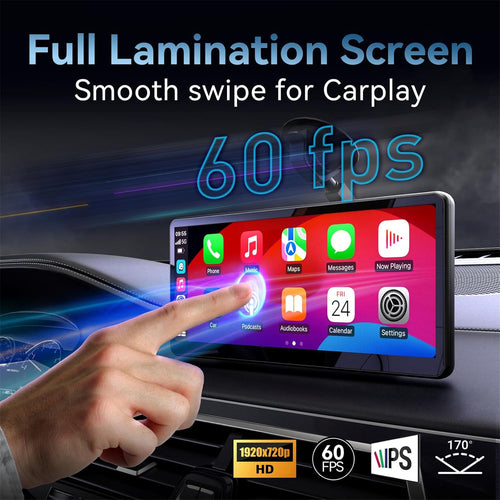 MINIX CP89-HD 8.9 Inch Portable Wireless Carplay and Android Auto HD 60FPS Touchscreen - Buit-in 1W Speaker, FM Transmitter, 3.5mm AUX output and Dual Bluetooth Connection - Magnetic Mount Included