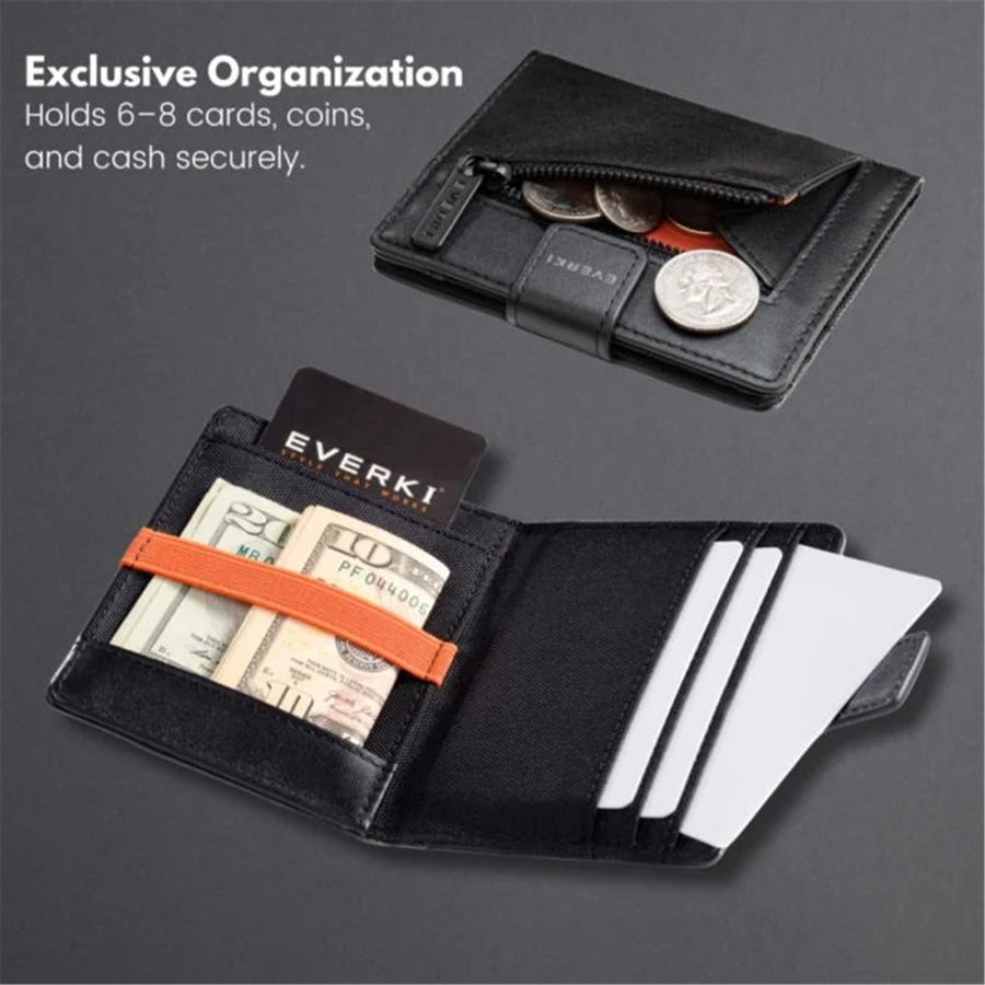 EVERKI EKW200 - Leather RFID Blocking Wallet for Cards Coins & Bills Black Securely Holds 6-8 Cards Fast