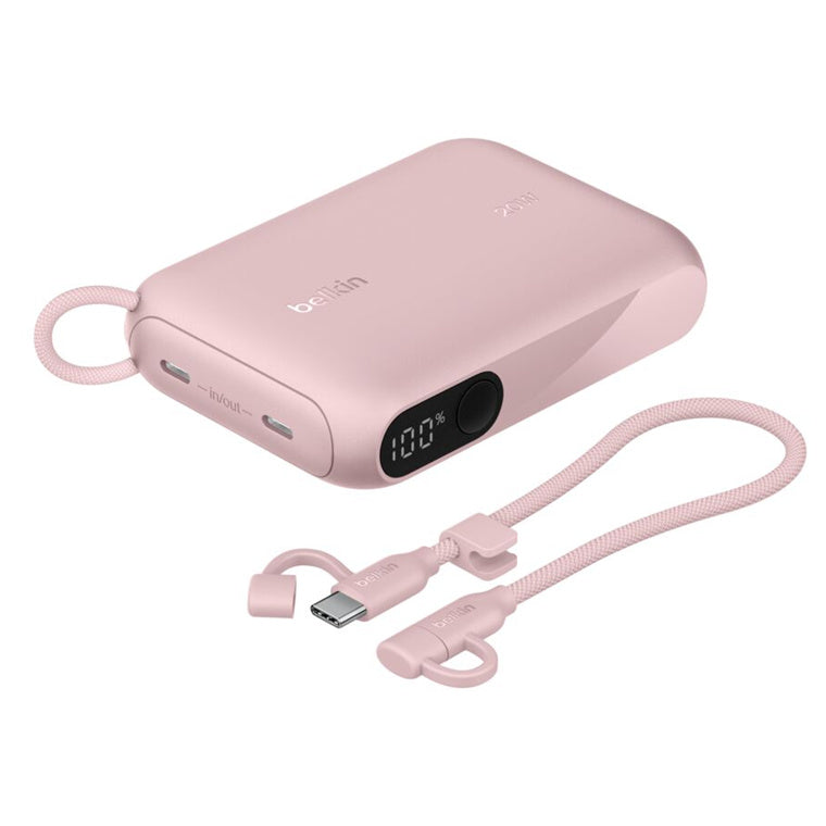 Belkin BoostCharge 10000mAh 20W Powerbank mit 2 Ausgängen, Kabel und Display – Pink