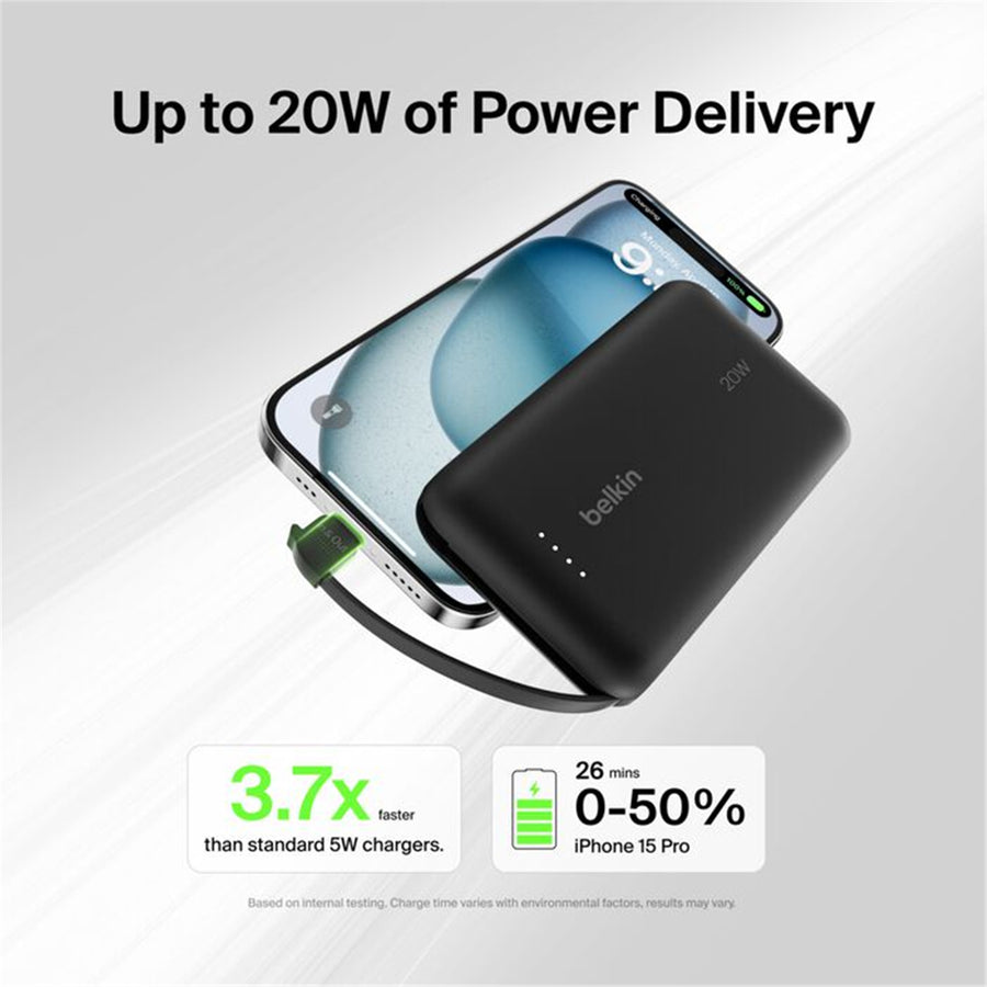 Belkin   BoostCharge 10000mAh 20W 2-Output Power Bank with Integrated Cable -Black