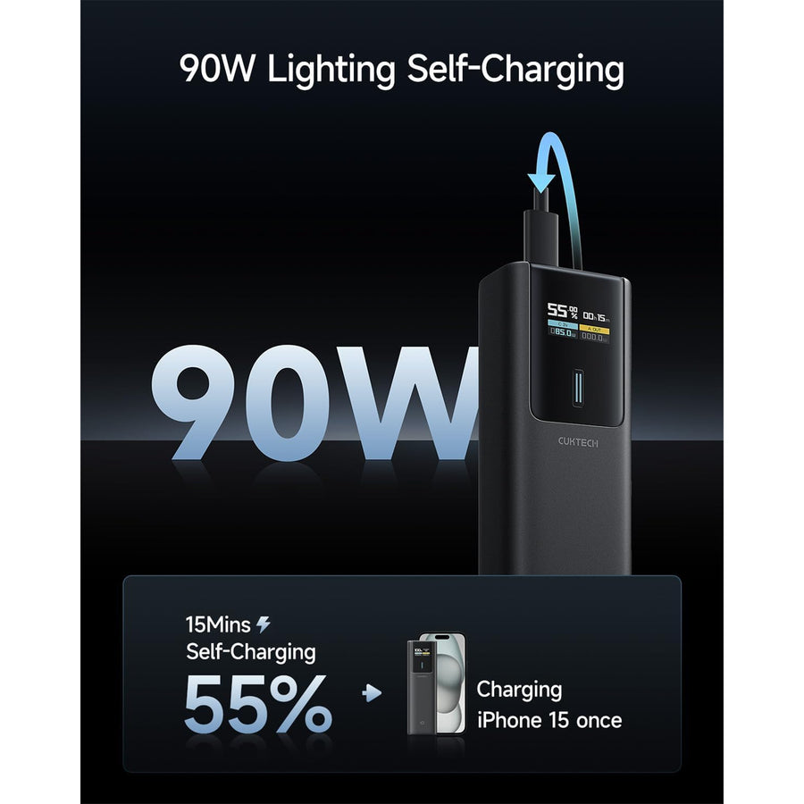 CUKTECH No.10 10000mAh 150W 2-Output Laptop Power Bank with Smart Display - Black