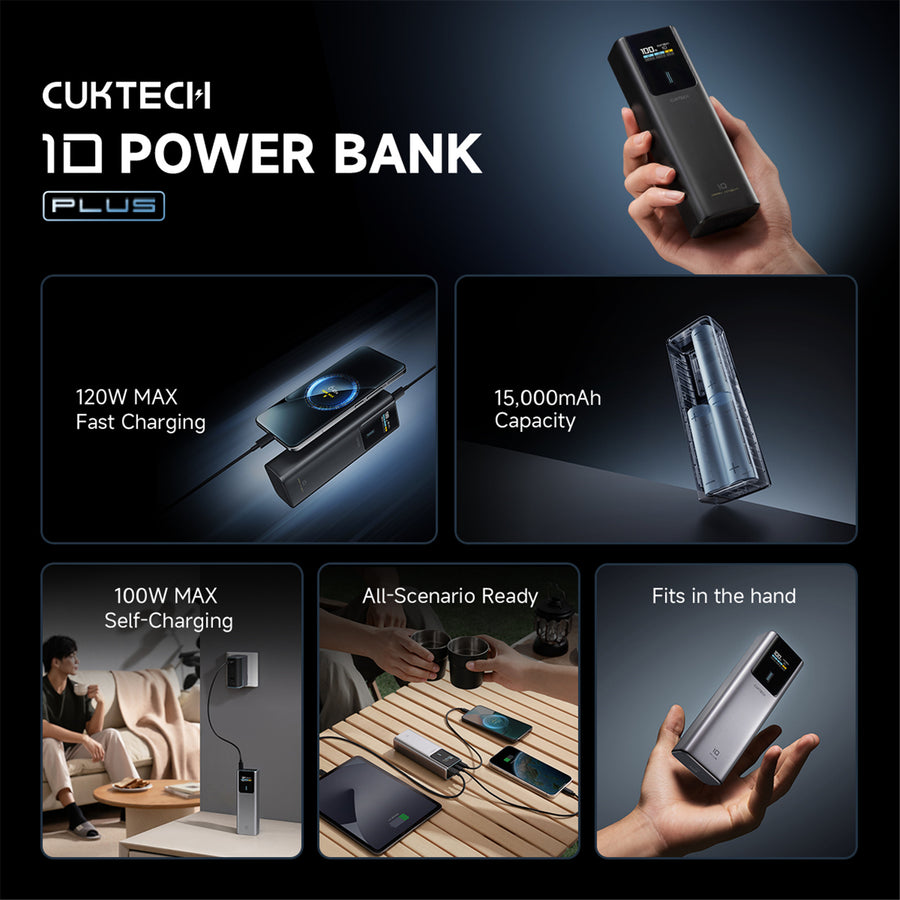 CUKTECH No.10 PLUS 15000mAh 120W 3-Output  Laptop Power Bank with Smart Display (CCC-Certified) - Grey