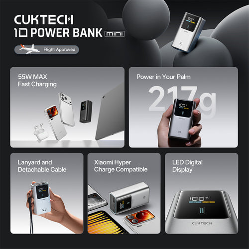 CUKTECH No.10 Mini 10000mAh 55W 3-Output  Power Bank with Smart Display -PANDA (CCC-Certified)