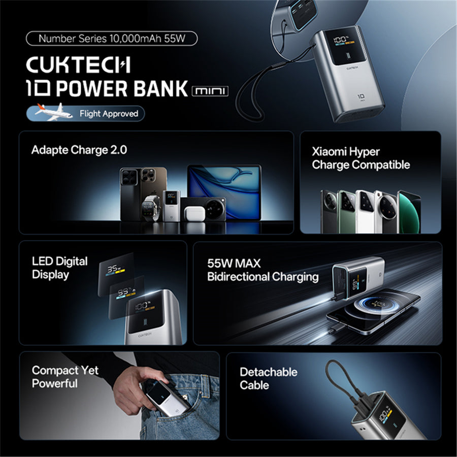 CUKTECH No.10 Mini 10000mAh 55W 3-Output  Power Bank (CCC-Certified) with Smart Display