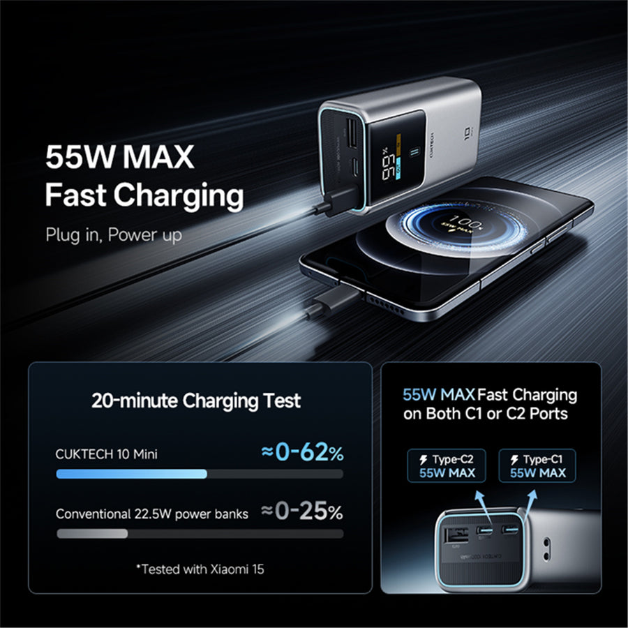CUKTECH No.10 Mini 10000mAh 55W 3-Output  Power Bank (CCC-Certified) with Smart Display
