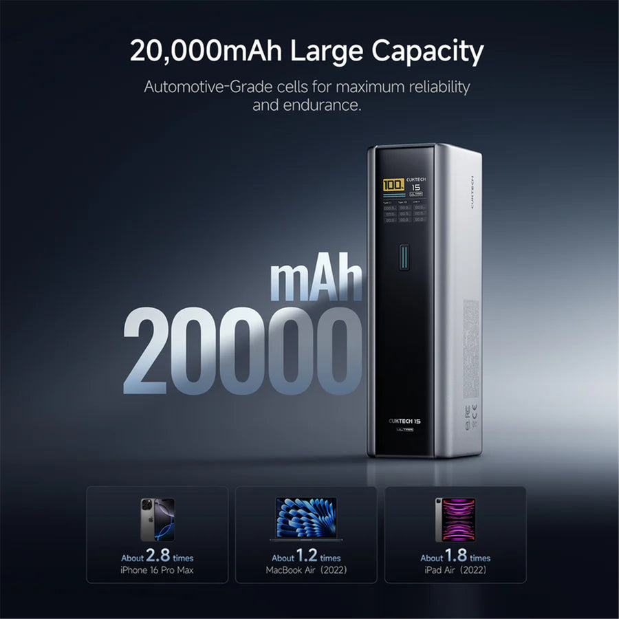 CUKTECH No.15 Ultra 20000mAh 165W 3-Output  Laptop Power Bank with Smart Display (CCC-Certified) - Black
