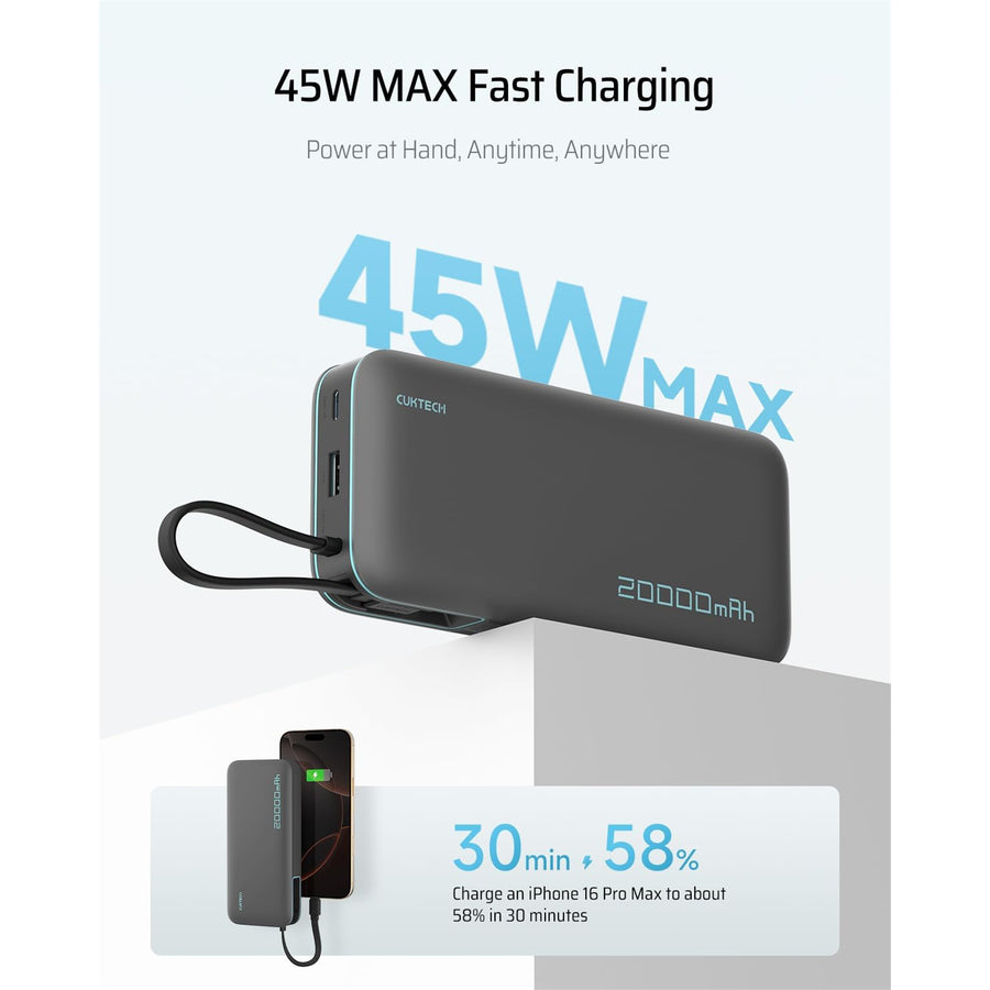 CUKTECH CP25 20000mAh 55W 3-Output Power Bank (CCC-Certified) with Cable & Display  -White