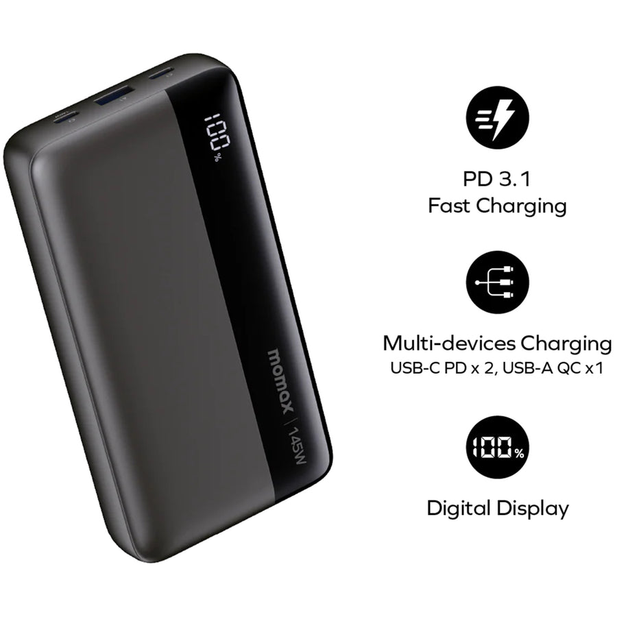 Momax   25000mAh 145W 3-Output Laptop Power Bank with Display - Black