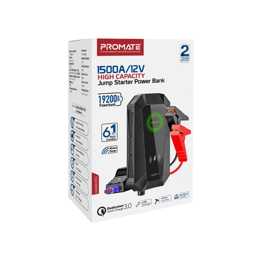 Promate HEXABOLT-20 - 19000mAh Jump Starter Power Bank. 1500A/12V Peak Current Port LED Flashlight Wireless