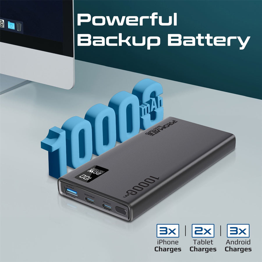 Promate   10000mAh 20W 3-Output Power Bank with Display - Black