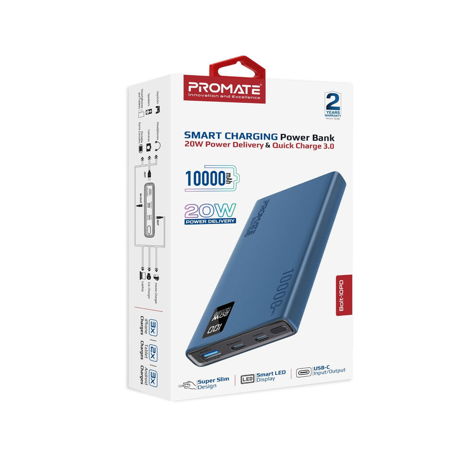 Promate BOLT-10PD-BL - 10000mAh Super Slim Smart Charging Power Bank 20W Dual USB-C & 1x 22.5W USB-A QC 3.0