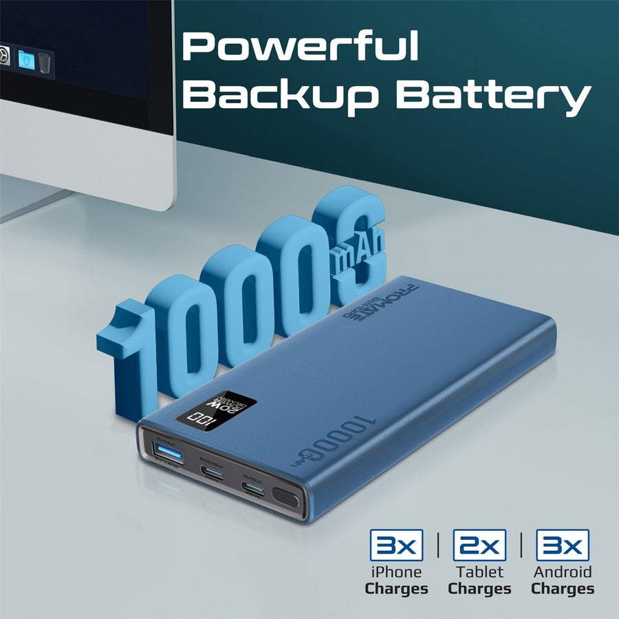 Promate BOLT-10PD-BL - 10000mAh Super Slim Smart Charging Power Bank 20W Dual USB-C & 1x 22.5W USB-A QC 3.0