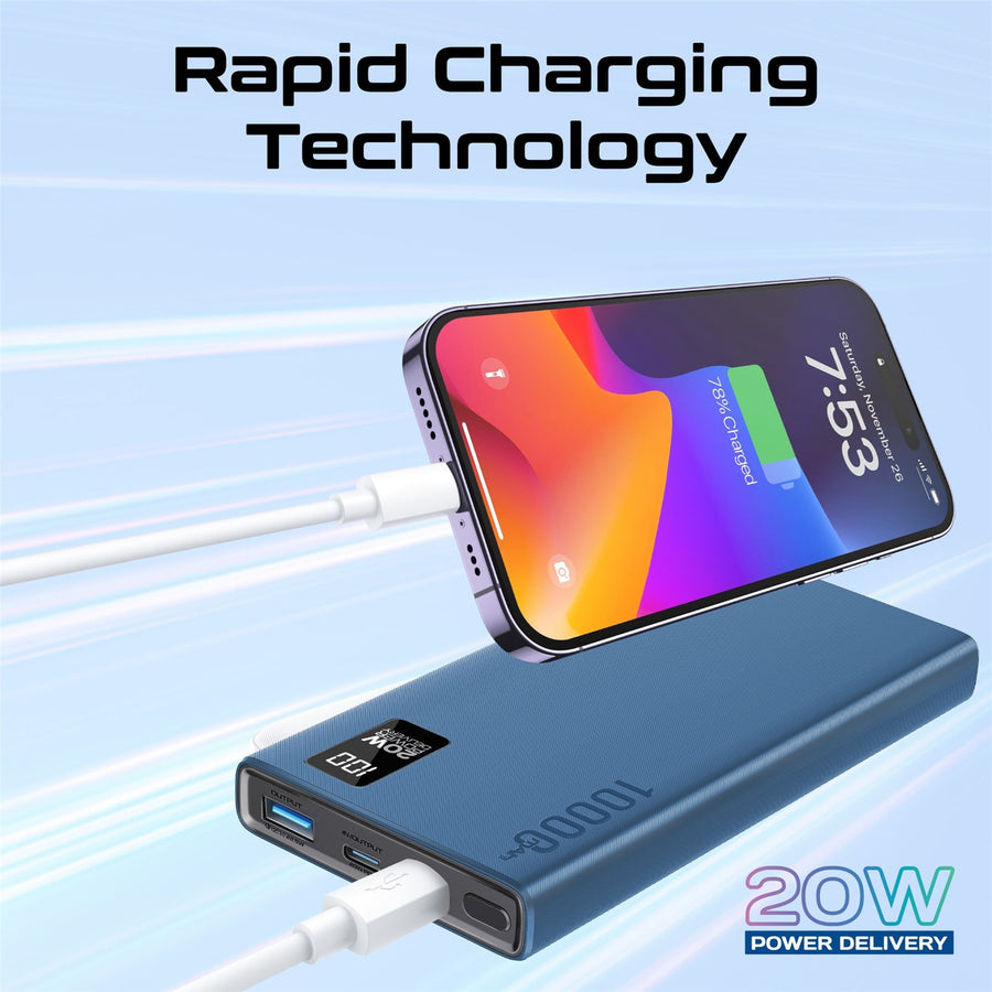 Promate BOLT-10PD-BL - 10000mAh Super Slim Smart Charging Power Bank 20W Dual USB-C & 1x 22.5W USB-A QC 3.0