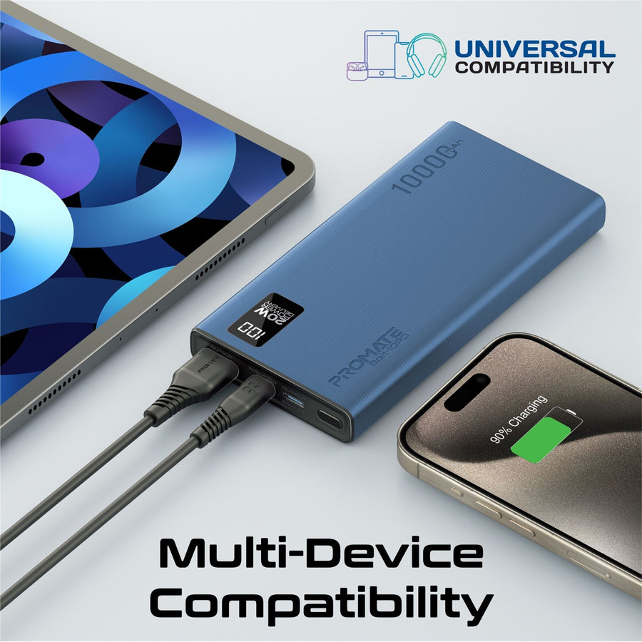 Promate BOLT-10PD-BL - 10000mAh Super Slim Smart Charging Power Bank 20W Dual USB-C & 1x 22.5W USB-A QC 3.0