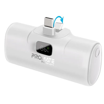 POWERUP-C-WHT - PROMATE 5000mAh Ultra Compact 20W Power Bank with Built-in USB-C Foldable Connector. Kick Stand. USB-C In/Out. LED Battery Display. Automatic Voltage Regulation. White Colour.