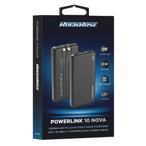 RockRose Powerlink  10000mAh 22.5W 5-Output Power Bank (CCC-Certified)  with Dual-Cable -Black