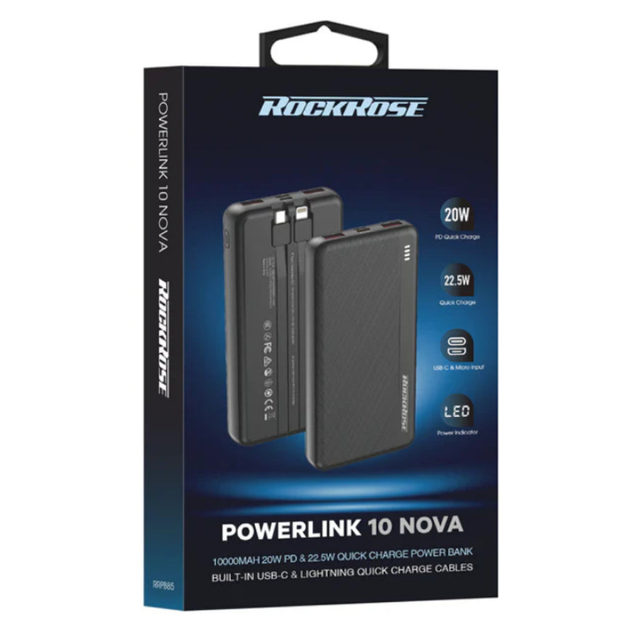 RockRose Powerlink  10000mAh 22.5W 5-Output Power Bank (CCC-Certified)  with Dual-Cable -Black