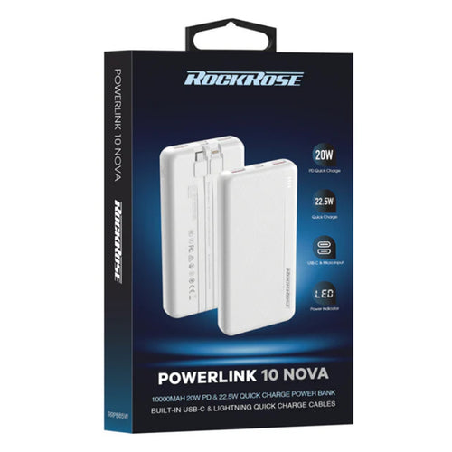 RockRose   Powerlink 10000mAh 22.5W 5-Output Power Bank (CCC-Certified)  with Dual-Cable -White