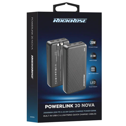 RockRose   Powerlink 20000mAh 22.5W 5-Port Power Bank (CCC-Certified)  with Dual-Cable -Black