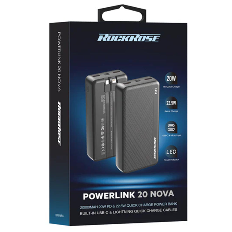 RockRose   Powerlink 20000mAh 22.5W 5-Port Power Bank (CCC-Certified)  with Dual-Cable -Black