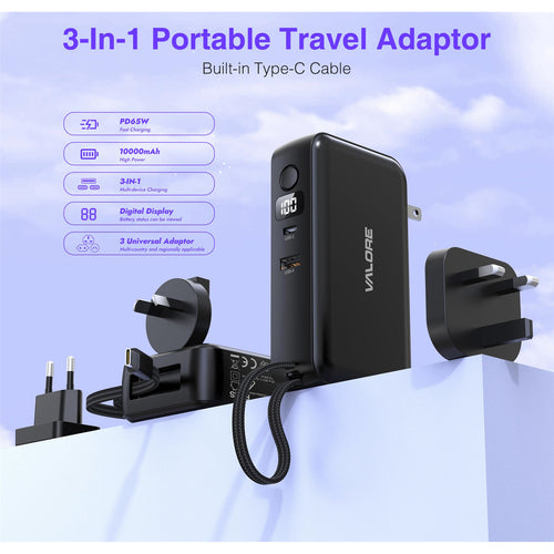 Valore   10000mAh 35W 3-Output Power Bank with 65W Wall Charger (UK/EU/US/AUS Plug)