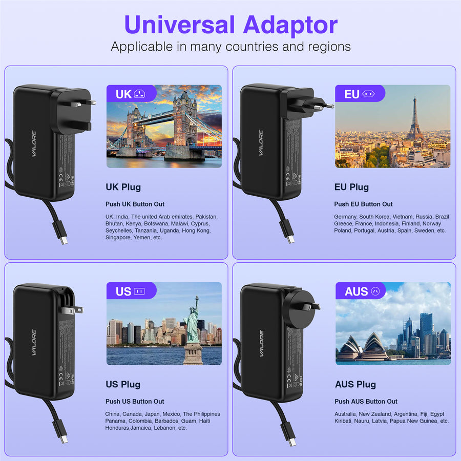 Valore   10000mAh 35W 3-Output Power Bank with 65W Wall Charger (UK/EU/US/AUS Plug)
