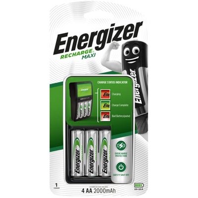 Energizer Recharge Maxi Batterieladegerät - inkl. 4x AA-Batterien - lädt AA- oder AAA-NiMH-Akkus - automatische Abschaltung - Erkennung defekter Batterien