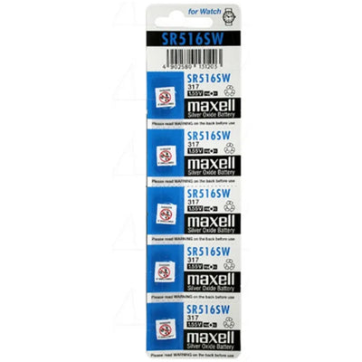 MX317 - MAXELL SILVER OXIDE SR516SW WATCH BATTERY BUTTON CELL 5 PACK