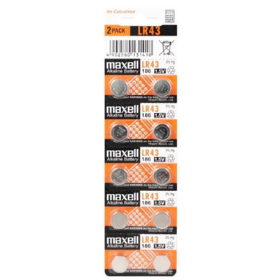 Maxell MXLR43 Alkaline Battery LR43 10 Pack 1.5V Retail Packaging