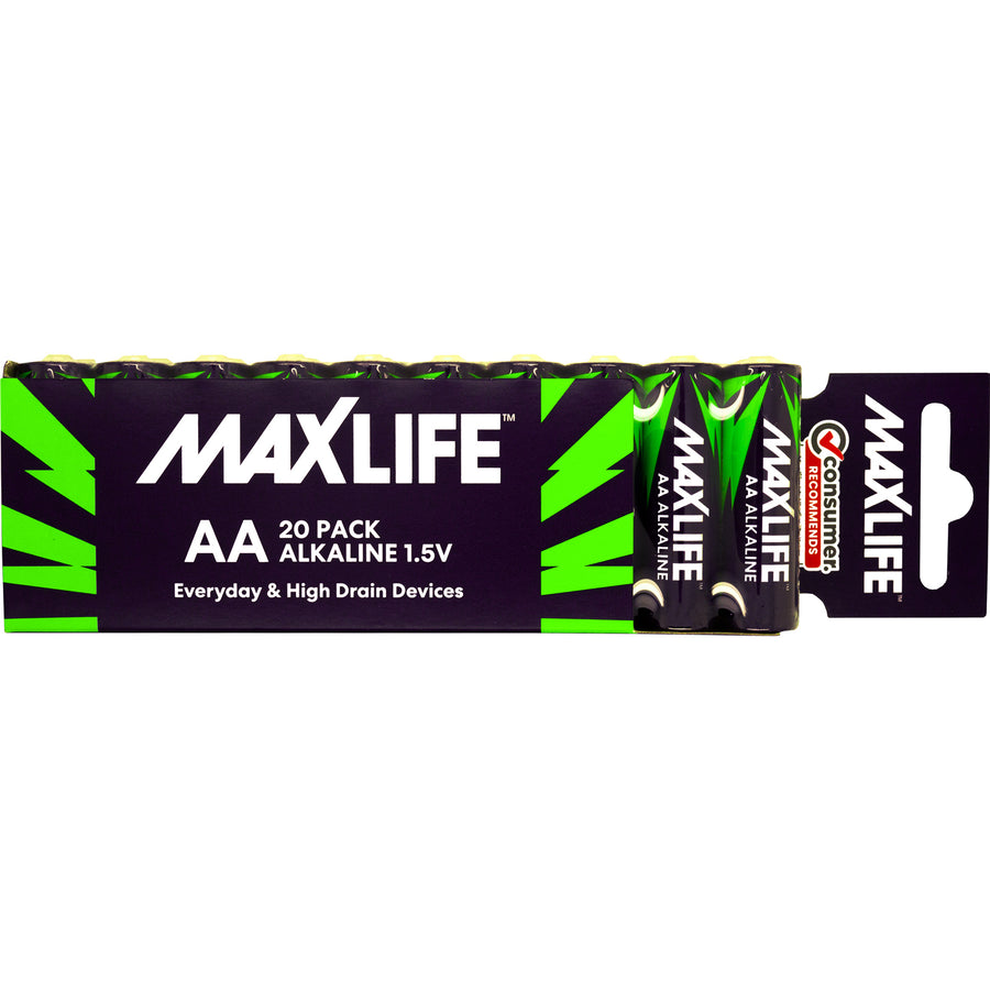 Maxlife BATAA-A AA Alkaline Battery 20 Pack Long Lasting Alkaline Formula - Designed For Everyday and High Drainage Devices - Long Shelf Life - No Mercury or Cadmium