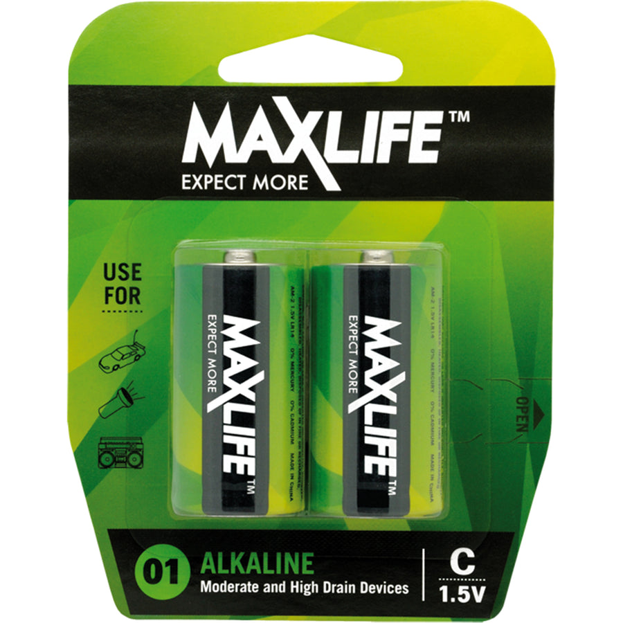 MAXLIFE BATC-A2 - C Alkaline Battery 2 Pack Long Lasting Alkaline Formula. Designed For Everyday & High