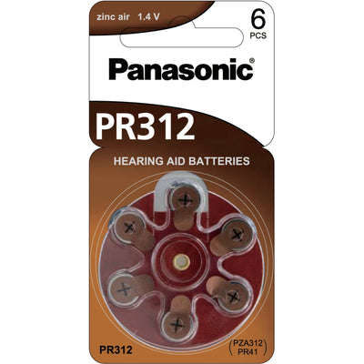 Panasonic PR312 Genuine 6pc Card Hearing Aid PR41 1.4v Zinc Air button Cell Battery 130MAH PZA312 PR41 312HPX 312AP 3.6 x 7.9 mm Weight 0.5G Not Rechargeable