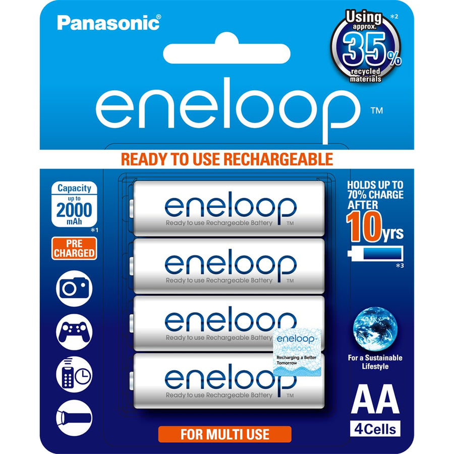 Panasonic BK-3MCCE/4BA Eneloop Rechargeable AA 4pk NiMH 1.2V batteries retail pack Pre-charged