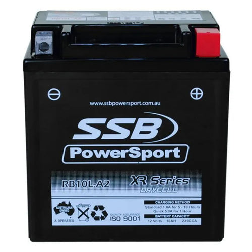 SUPER START RB10L-A2 - MOTORCYCLE AND POWERSPORTS BATTERY (YB10L-A2) AGM 12V 10AH 235CCA BY SSB HIGH PERFORMANCE