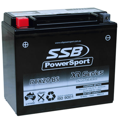SUPER START RTX20-BS - MOTORCYCLE AND POWERSPORTS BATTERY (YTX20-BS) AGM 12V 18AH 400CCA BY  SSB HIGH PERFORMANCE