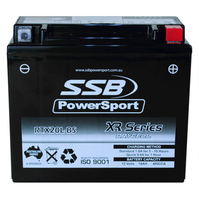 SUPER START RTX20L-BS - MOTORCYCLE AND POWERSPORTS BATTERY (YTX20L-BS) AGM 12V 18AH 400CCA BY SSB HIGH PERFORMANCE