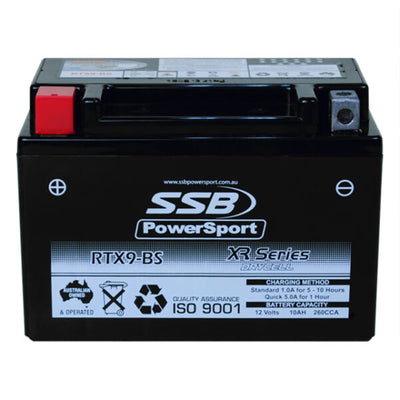 SUPER START RTX9-BS - MOTORCYCLE AND POWERSPORTS BATTERY (YTX9-BS) AGM 12V 10AH 260CCA BY  SSB HIGH PERFORMANCE