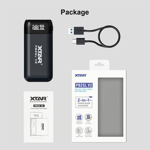 XTAR PB2SL V2 2-in-1 18650 Battery Charger & Power Bank 2 Slot Charger, QC4+, PD3.0, USB-C, USB-A 18650, 18700, 20700, 21700