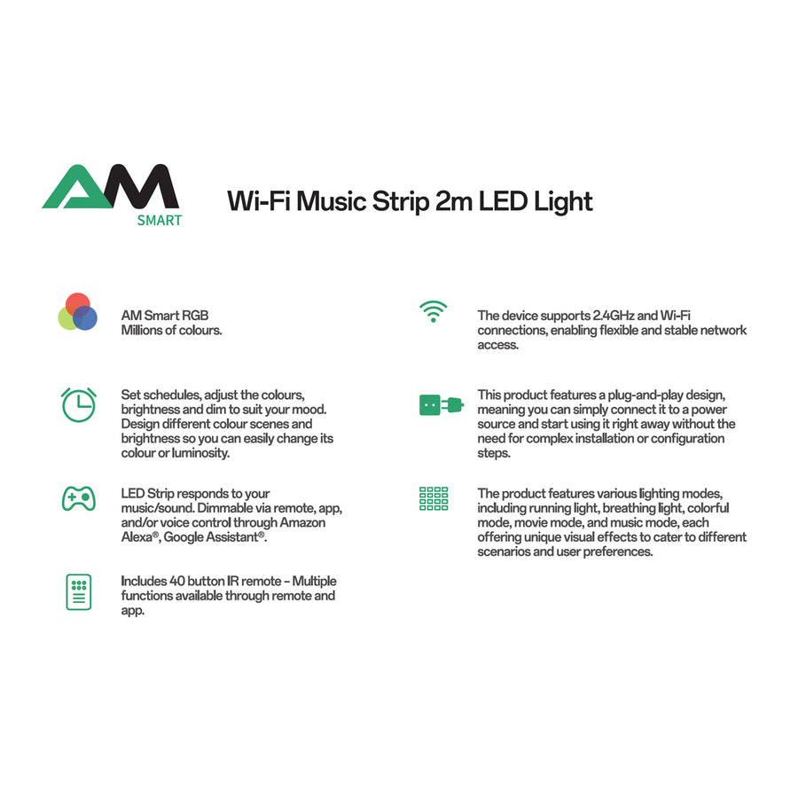 AM NewTechnologies WiFi TUYA SMART 2M RGB LED Strip with Remote Controller 30 LEDs/m, 120 degrees Beam angle, Cuttable every 6 LEDs