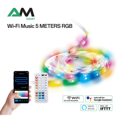 AM NewTechnologies WiFi TUYA SMART 5M RGB LED Strip with Remote Controller 30 LEDs/m,120 degrees Beam angle,Cuttable every 6 LEDs