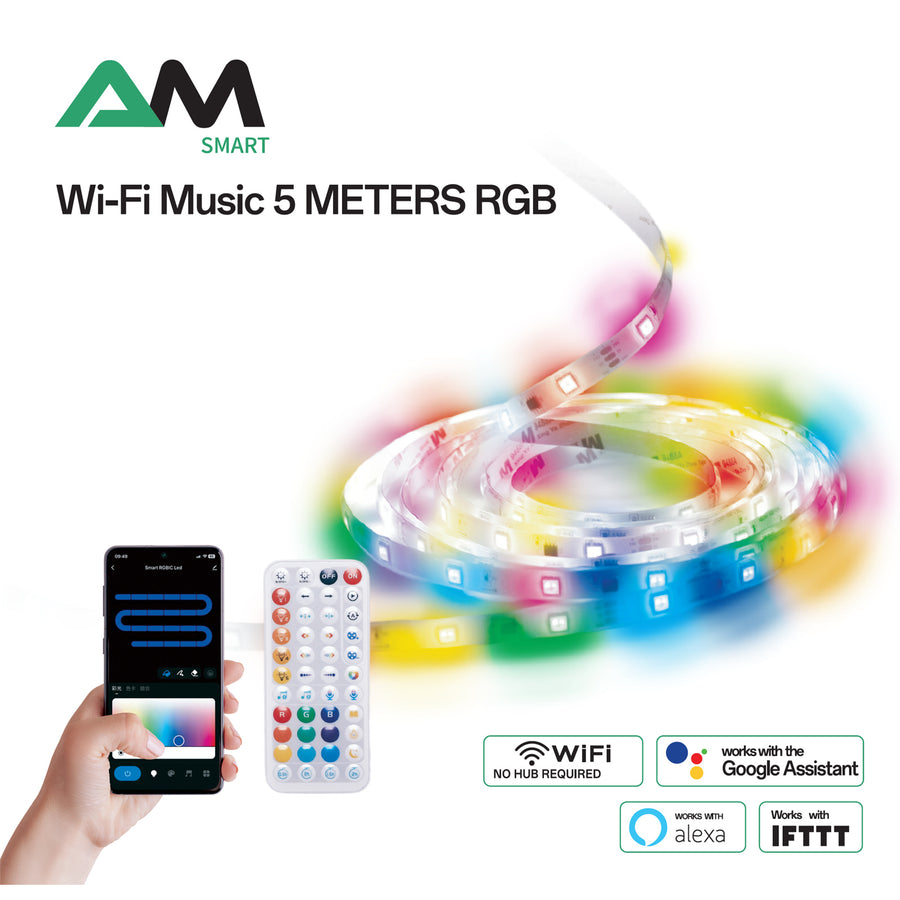 AM NewTechnologies WiFi TUYA SMART 5M RGB LED Strip with Remote Controller 30 LEDs/m,120 degrees Beam angle,Cuttable every 6 LEDs