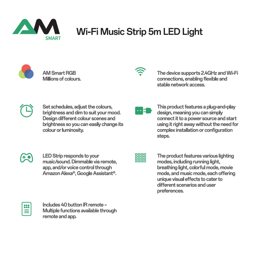 AM NewTechnologies WiFi TUYA SMART 5M RGB LED Strip with Remote Controller 30 LEDs/m,120 degrees Beam angle,Cuttable every 6 LEDs