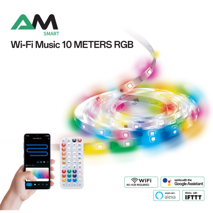 AM NewTechnologies WiFi TUYA SMART 10M RGB LED Strip with Remote Controller 30 LEDs/m, 120 degrees Beam angle, Cuttable every 6 LEDs